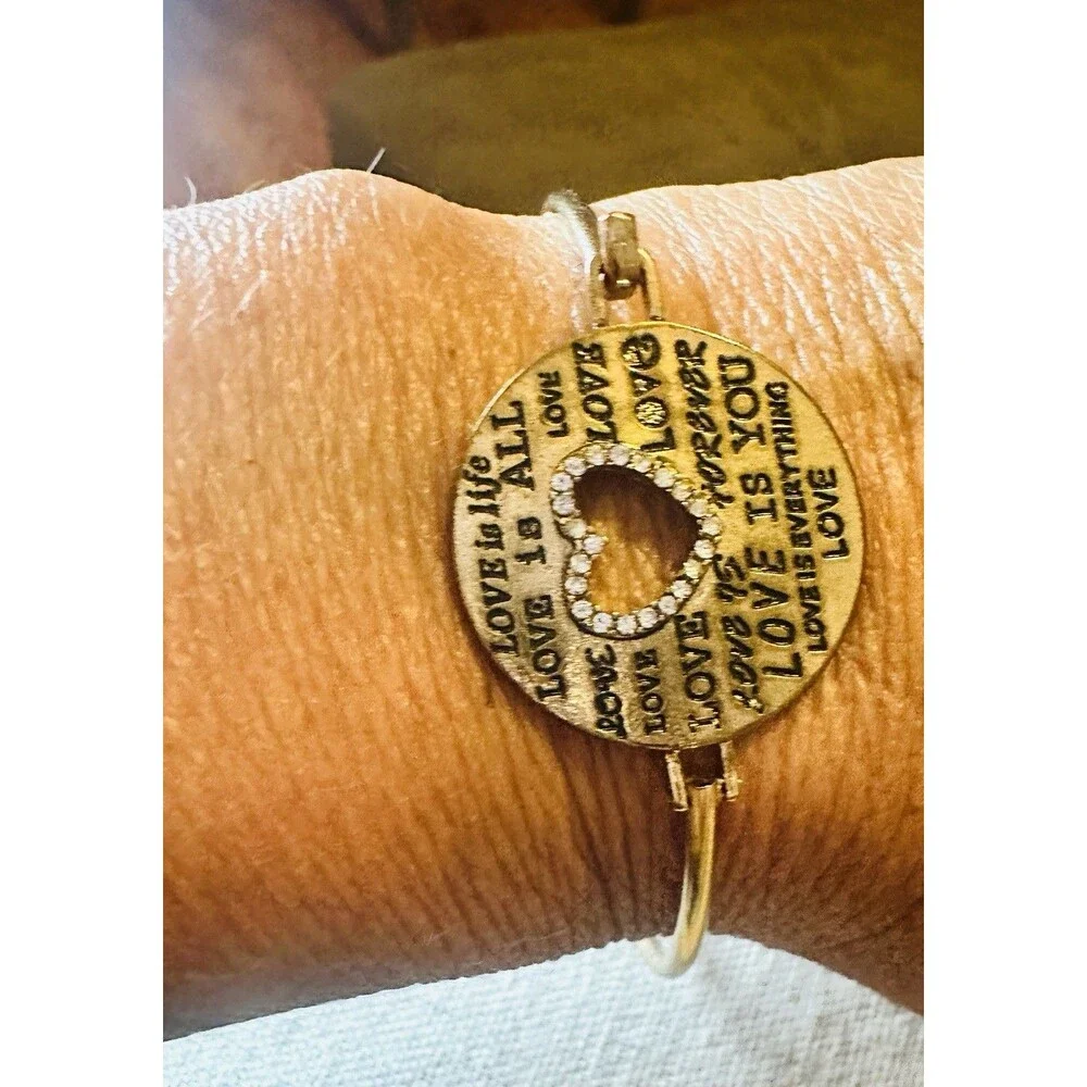 Gold Tone Love Heart Rhinestone Cutout Bangle Bracelet Hook Clasp Inspirational